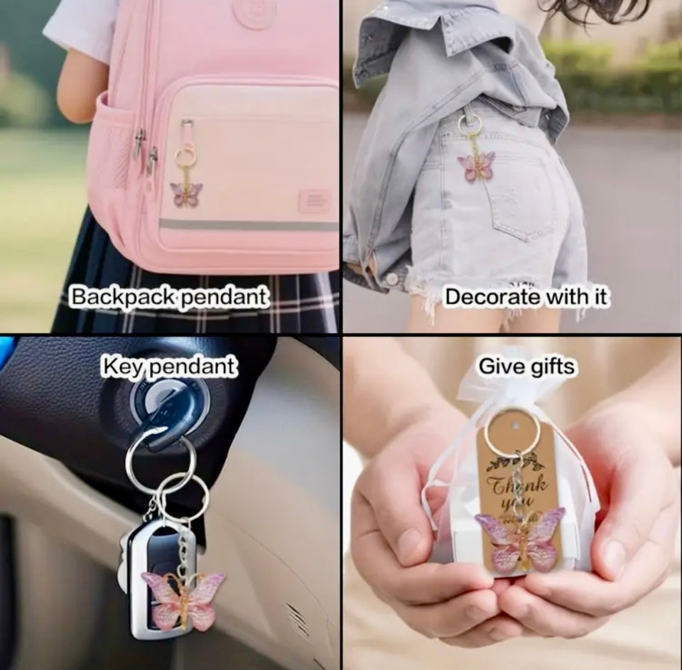 Elegant White Butterfly Keychain Gift Set with Golden-Tone Rings