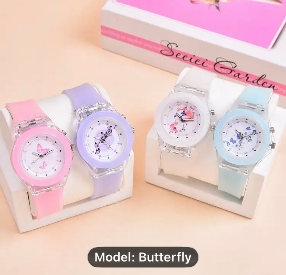 Girls Butterfly Quartz Watches Silicone Belt, Flash Light, Watch Clock, Quartz Wristwatch