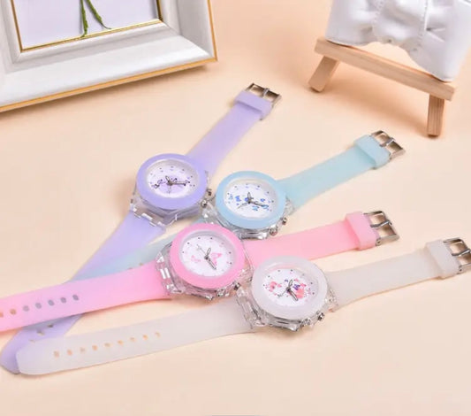 Girls Butterfly Quartz Watches Silicone Belt, Flash Light, Watch Clock, Quartz Wristwatch