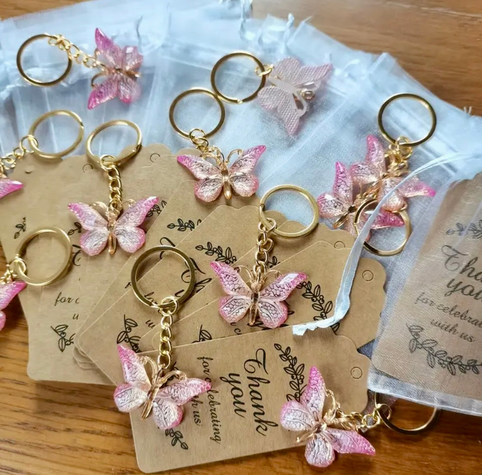 Elegant White Butterfly Keychain Gift Set with Golden-Tone Rings