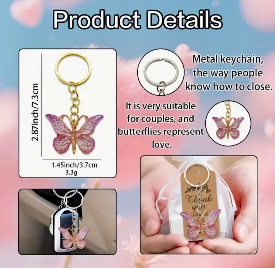Elegant White Butterfly Keychain Gift Set with Golden-Tone Rings